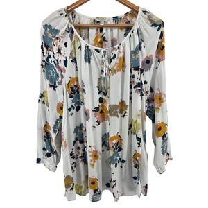 Lucky Brand Womens Floral Print Long Sleeve Tie Neck Tunic Blouse Top 2X